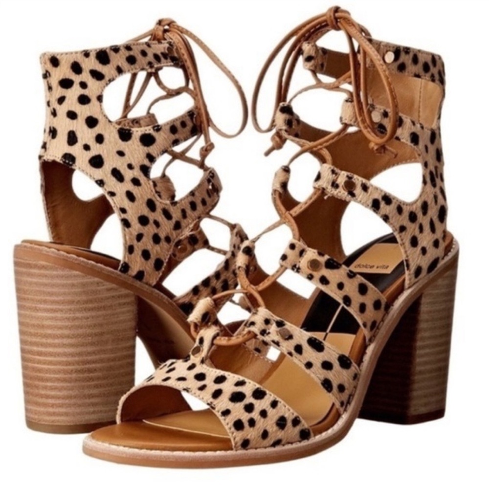 Dolce Vita Calf Hair Tan and Black Lace-Up Heels
